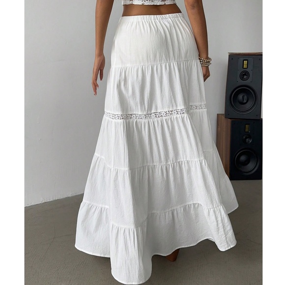 Boho Stretchy Waist lace Insert Split Thigh Maxi Skirt - Picture 9 of 11